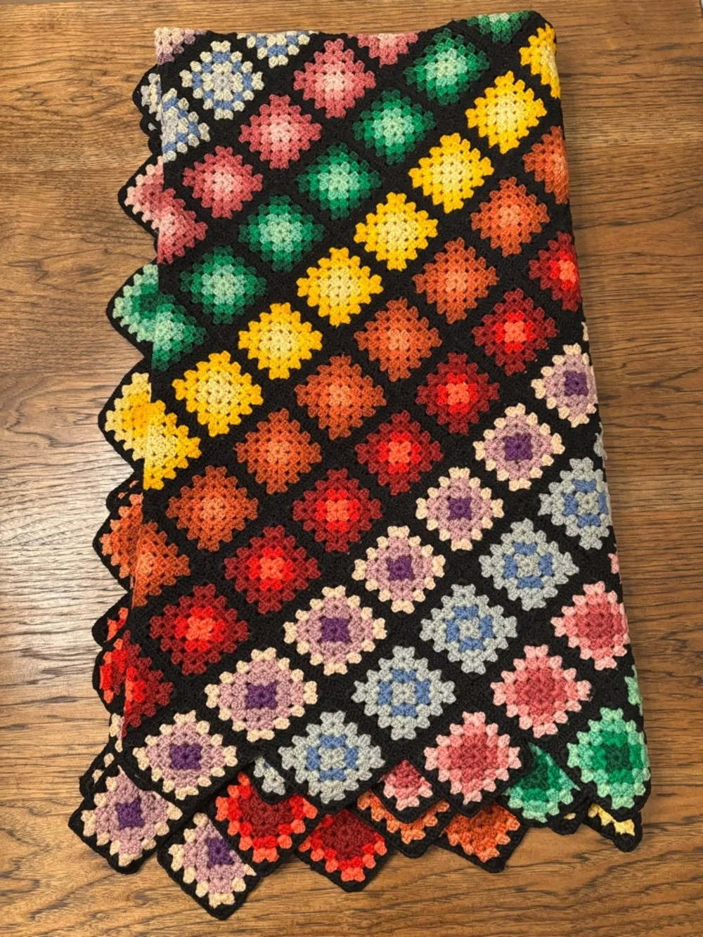 Vintage Hand Crocheted Granny Square Afghan 60x70 Jewel Tone Wool Blanket